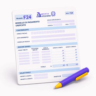 Compilazione di un modulo F24 su un banco ufficio